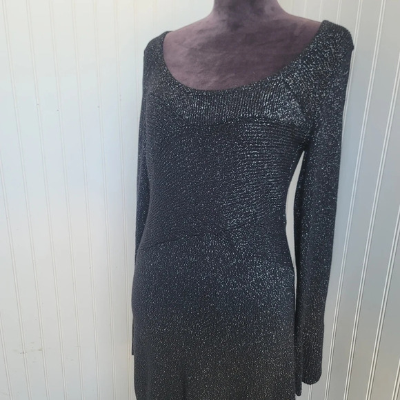 NWT WHITE HOUSE BLACK MARKET Black Silver Metallic Shimmer Knit Sweater Dress S - Picture 4 of 16